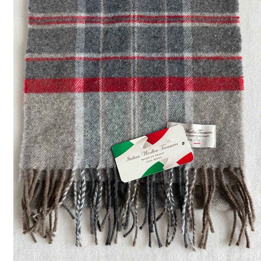 NWT Italian Woolen Treasures 100% Wool Scarf Gray Red Stripes Fringe Unisex‎